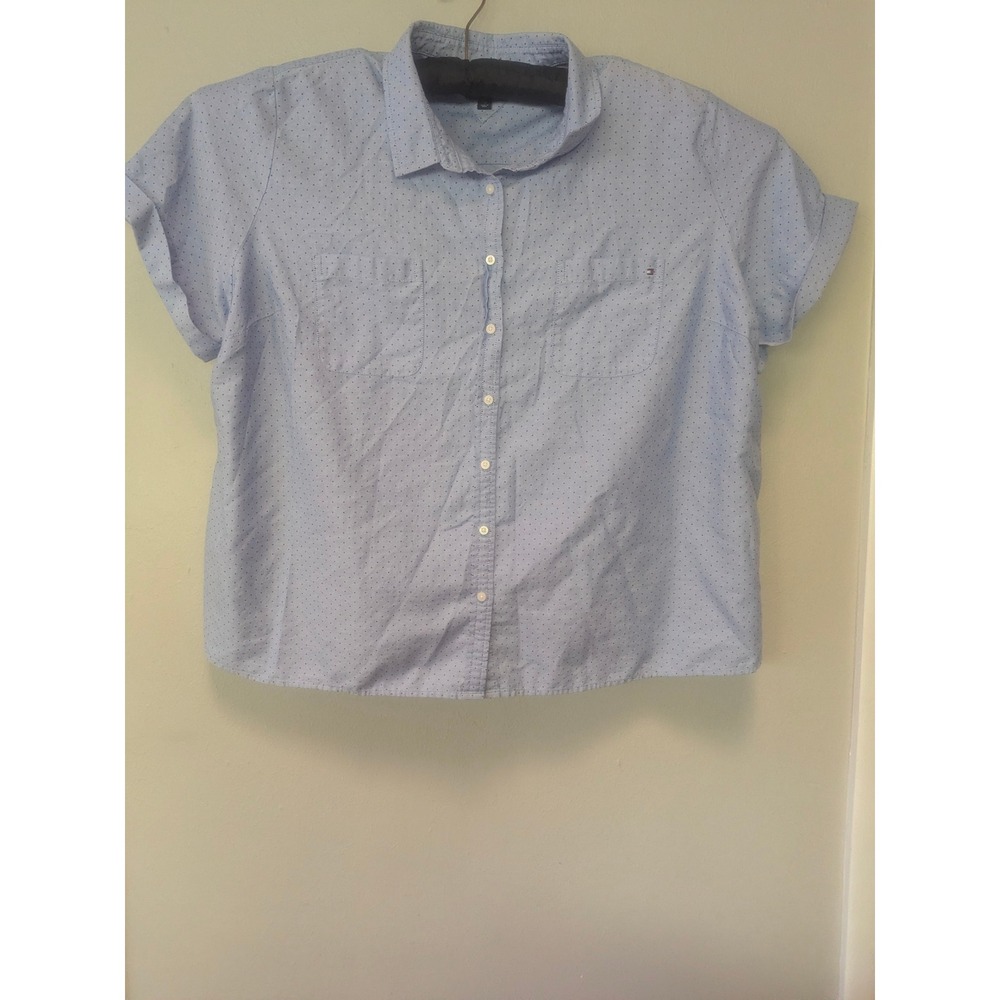 Tommy Hilfiger Womens 3X Blue Polka Dot Cotton Button Front Shirt Plus Size